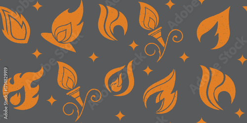 Seamless fire flame pattern in orange on dark gray background. Abstract decorative flame icons for wallpaper, textiles, or digital design. Modern fiery motif with artistic style.