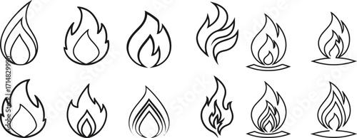 Collection of fire and candle flame line icons in minimal style. Includes campfires, candles, oil lamps, and burning flames. Perfect for digital design, logos, and decorative graphics.