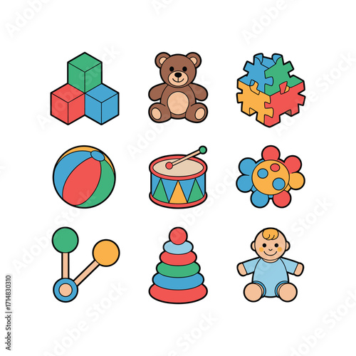 Collection of nine colorful classic toddler toys for early childhood development and play