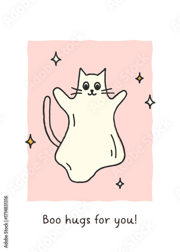 Cute and playful Halloween hand drawn poster or card with cute ghost cat and stars. Boo hugs for you. Trendy whimsical illustration for holiday design and prints. Flat vector banner. Halloween concept