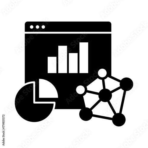 Knowledge graph, Data relationships, Entity mapping, Semantic search, AI knowledge, and Data organization. Flat Vector illustration.