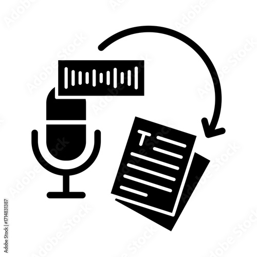 Speech to text, Voice recognition, Audio transcription, Voice-to-text conversion, Real-time transcription, and AI speech processing. Flat Vector illustration.
