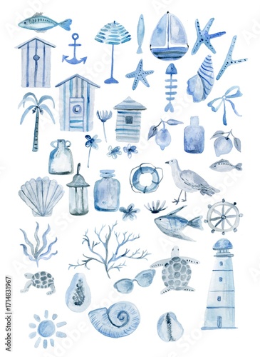 Hand drawn coastal, tropical, themed watercolor set