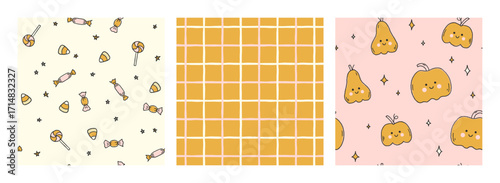 Set of playful and whimsical Halloween vector seamless patterns with cute smiling pumpkins, candies and grid. Spooky endless background collection with funny characters for holiday design