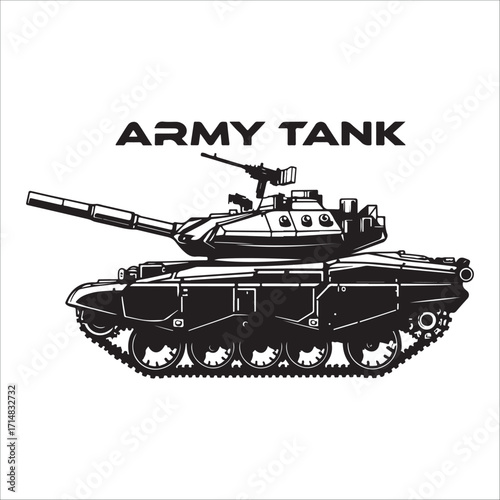 Powerful Black and White Army Tank silhouette Illustration vector; Military Vehicle Graphic Design , strong and serious mood