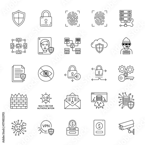 Set of thin line vector icons of cyber security, contains such icons as lock, shield, firewall, and more