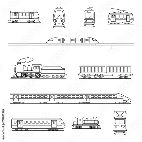 Collection of various train types in outline style, showcasing different eras and designs, a diverse set of trains