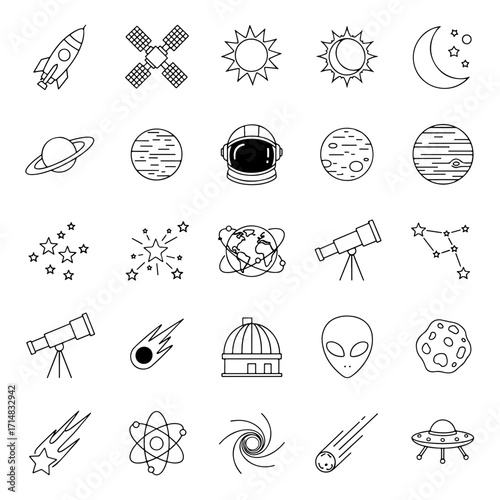 Set of thin line vector icons of space, contains such icons as rocket, planet, astronaut, telescope, and more