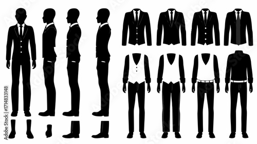 Sharp business attire silhouettes showcasing suits, vests, shirts, and shoes for professional styling