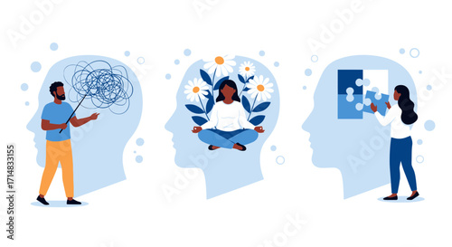 Mental health concept with people finding solution, practicing meditation and solving puzzle for calm and wellbeing