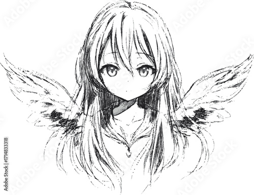 Anime angel girl sketch hand drawn with long hair and feathered wings — stock vector