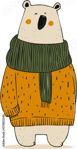 Bear sketch hand drawn in cozy sweater and scarf yawning — stock vector