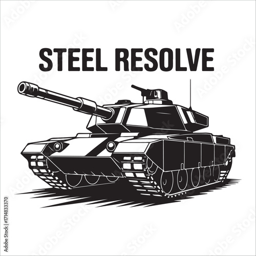 Powerful Black and White Army Tank silhouette Illustration vector; Military Vehicle Graphic Design , strong and serious mood