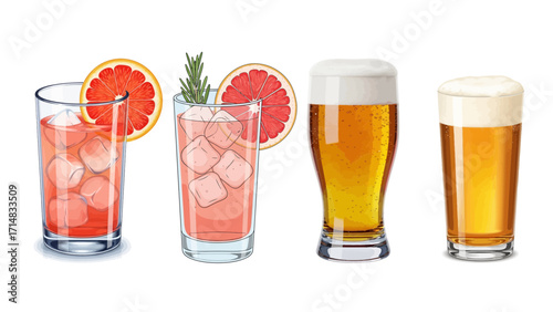 Illustration of four different refreshing drinks, including grapefruit cocktails and beer, , perfect for summer and happy hour
