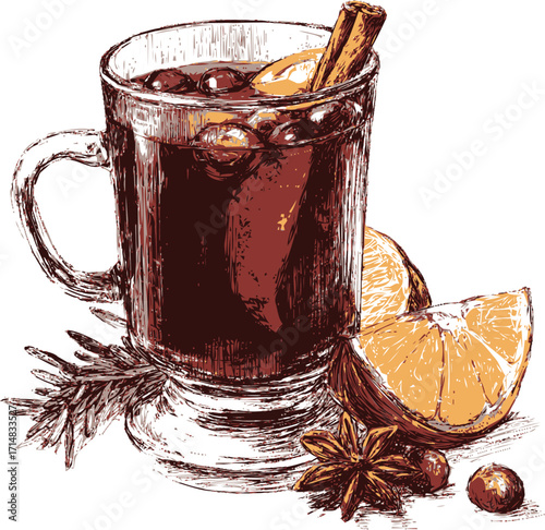 Mulled wine sketch hand drawn with cinnamon orange star anise and cranberries — stock vector
