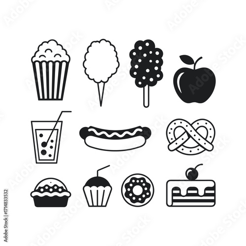 Collection of hand drawn food icons representing treats and snacks for celebrations