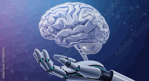 A robotic hand holds a human brain, symbolizing artificial intelligence, machine learning, and the fusion of technology with human intellect