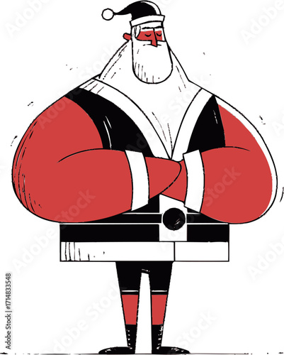 Santa Claus sketch hand drawn cartoon with muscular arms and folded pose — stock vector