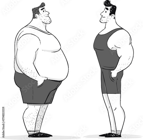 Man before and after weight loss sketch hand drawn transformation comparison — stock vector