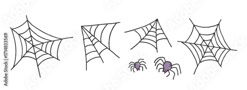 Spooky and cute hand drawn vector spiders and spider web in flat style. Halloween scary elements. Whimsical halloween spiders isolated on white for holiday design, posters. Flat cartoon illustration