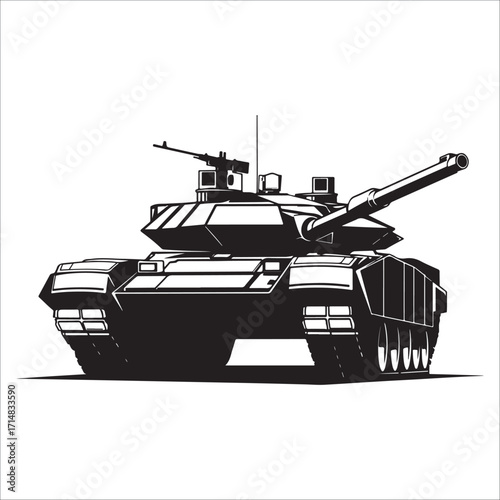 Powerful Black and White Army Tank silhouette Illustration vector; Military Vehicle Graphic Design , strong and serious mood