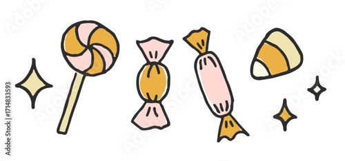 Charming and cute hand drawn vector treats in flat style. Halloween candies set. Whimsical halloween sweets isolated on white for holiday design, posters. Flat illustration. Holiday sweets collection
