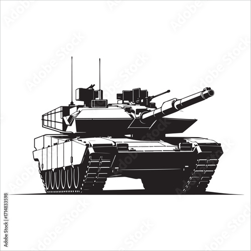 Powerful Black and White Army Tank silhouette Illustration vector; Military Vehicle Graphic Design , strong and serious mood