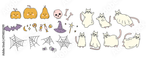 Big set of hand drawn vector Halloween elements: ghost cats, smiling pumpkins, skull, bats, stars, treats in flat style isolated on white. Festive spooky set for Halloween design. Cartoon illustration