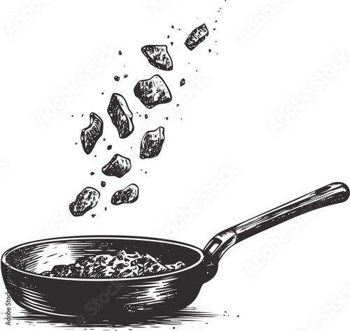 Frying pan sketch hand drawn with meat pieces falling into pan — stock vector