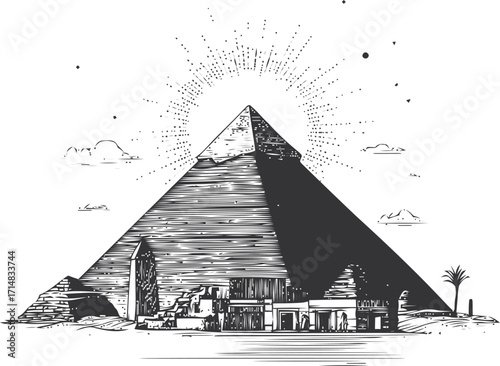 Egyptian pyramid sketch, hand drawn ancient architecture with sunburst and desert scene — stock vector