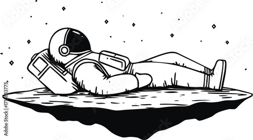 Astronaut sketch hand drawn lying on floating rock in space — stock vector