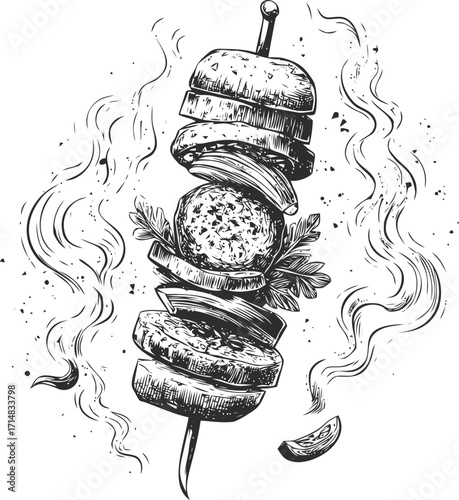 Grilled meat skewer sketch hand drawn with vegetables and herbs on smoky background — stock vector