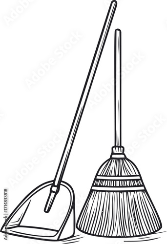 Broom and dustpan sketch, hand drawn cleaning tools in simple line art — stock vector