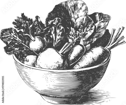 Bowl of fresh vegetables sketch hand drawn with leafy greens and root vegetables — stock vector
