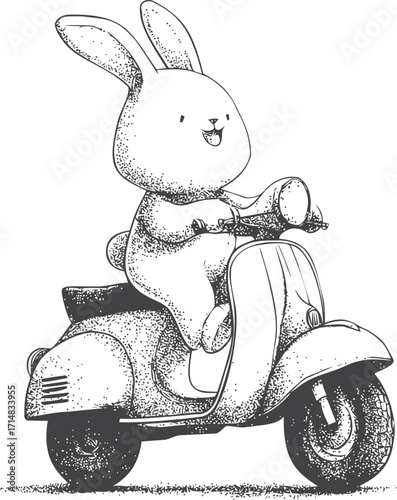 Rabbit riding scooter sketch, hand drawn style, cheerful cartoon animal on vintage moped — stock vector