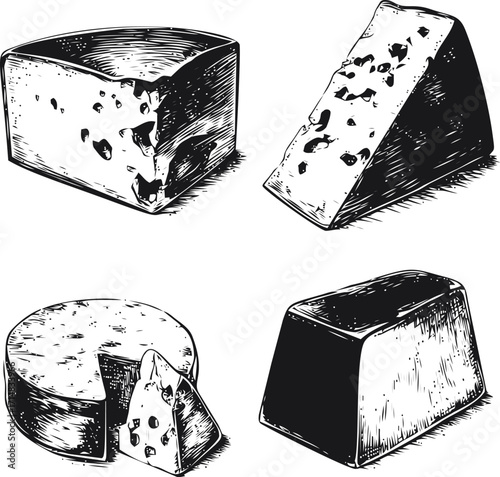 Cheese blocks sketch hand drawn set with textured wedge and wheel — stock vector