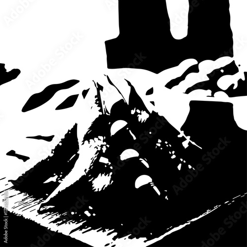 Monochrome mountain landscape with rugged peaks and snow.