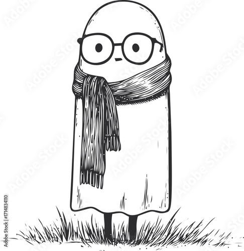Ghost character sketch with glasses and scarf standing on grass — stock vector