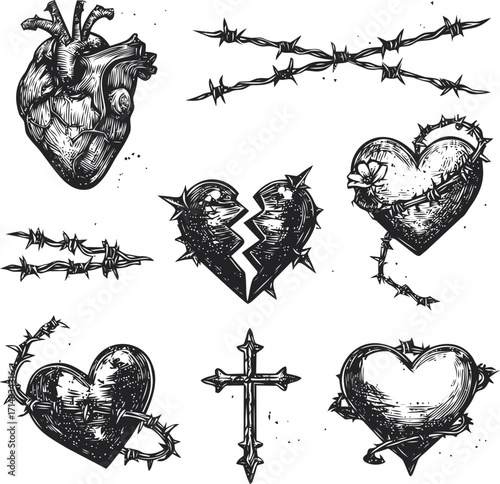 Barbed wire heart sketch hand drawn set with anatomical, broken, and floral hearts — stock vector