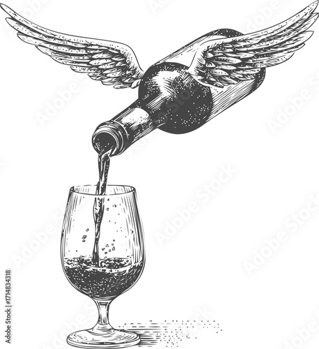Wine bottle with wings sketch, hand drawn style, pouring into glass — stock vector