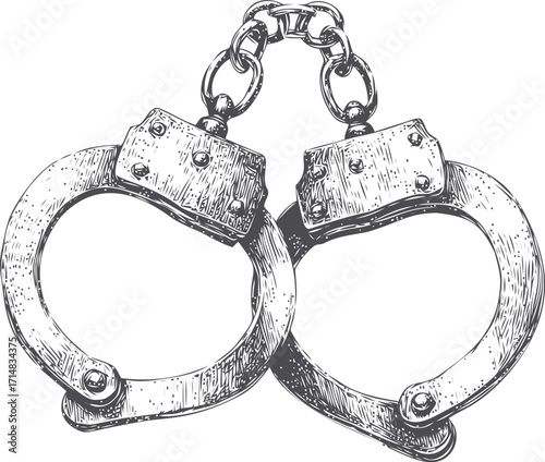 Handcuffs sketch hand drawn vector illustration with detailed metal texture — stock vector