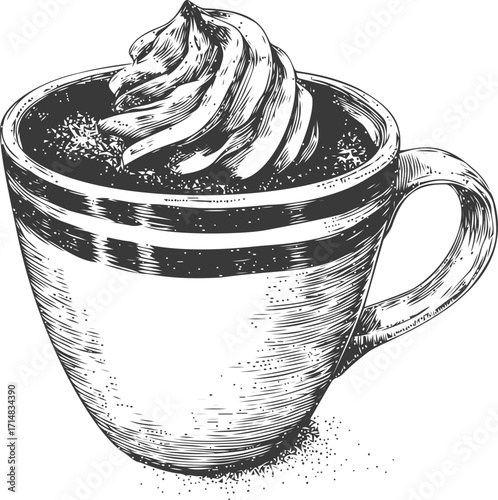 Coffee cup sketch hand drawn with whipped cream topping — stock vector