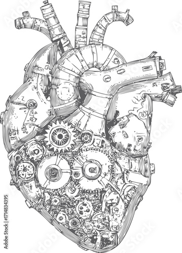 Mechanical heart sketch hand drawn with gears and pipes in steampunk style — stock vector