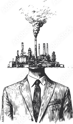 Businessman with factory head sketch, hand drawn industrial pollution concept — stock vector