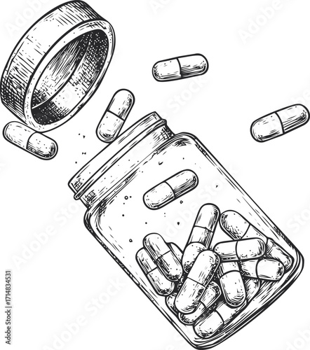 Medicine bottle sketch hand drawn with capsules spilling out — stock vector