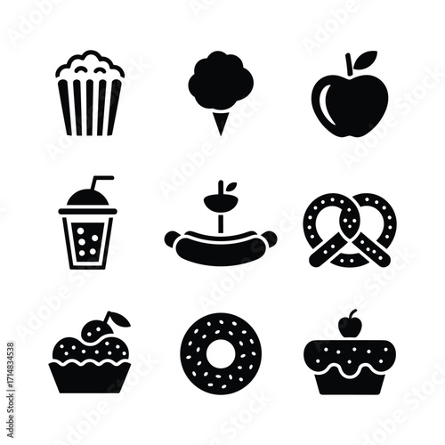 Set of nine black silhouette icons representing popular fair and carnival food items for design
