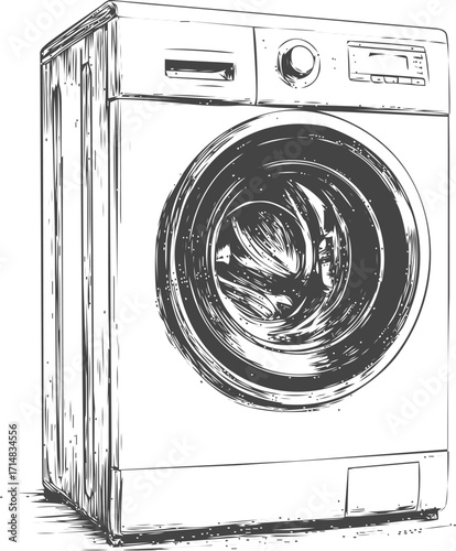 Washing machine sketch hand drawn front load appliance detailed monochrome illustration — stock vector