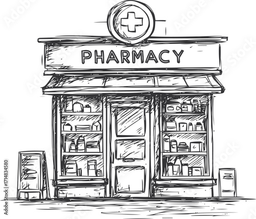 Pharmacy storefront sketch, hand drawn style, shelves with medicine and signage — stock vector