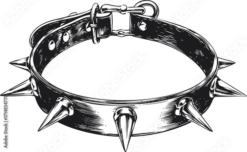 Spiked dog collar sketch, hand drawn vector, detailed punk accessory illustration — stock vector