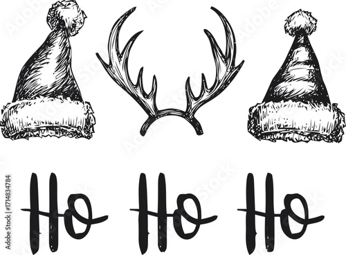 Santa hats sketch with reindeer antlers and Ho Ho Ho text — stock vector